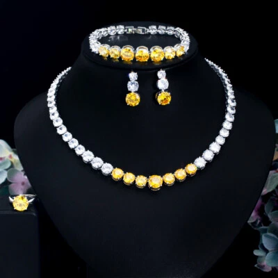 Silver Plated CZ Yellow Big Round Wedding Jewelry Necklace Earrings Bracelet Set - Image 1 of 4