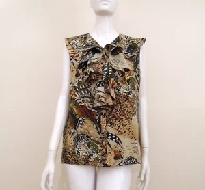 Vintage Hattie Carnegie Size L Brown Multi Silk Button Sleeveless Ruffle Top - Picture 1 of 10
