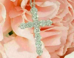2Ct Real Moissanite Cross Pendant Necklace Chain 14K White Gold Plated Silver - Picture 1 of 4