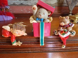 Vintage Set of 3 Plastic Christmas Stocking Holders ~ Angel Baby, Teddy Bear - Picture 1 of 4