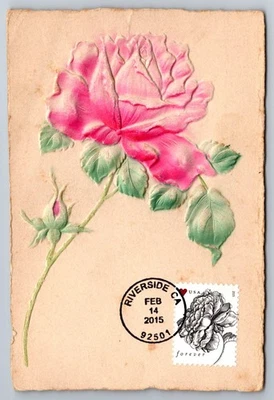 #4959 Engraved Rose FDC Maxi Card on Vintage Embossed Postcard, note wear - Image 1 of 2