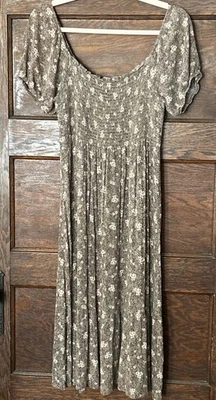 Neuflora Tan Cream Floral Dress Smocking Prairie Cottage Core Sz M Milk Maid - Image 1 of 4