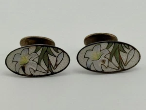 Vintage Bermuda Sterling Silver Enamel Lily Flower Cufflinks - Picture 1 of 16