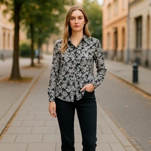 Elle Women's Floral Button Up Long Sleeve Blouse Black White Pink Size Large - Picture 1 of 6