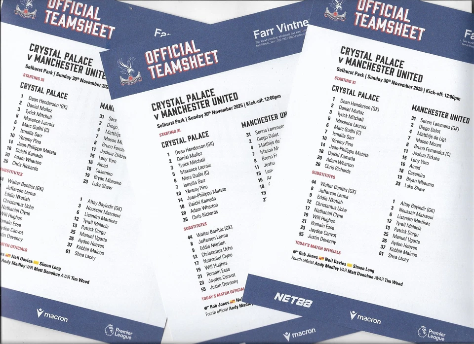Teamsheet 30 November 2025 Premier League - CRYSTAL PALACE v. MANCHESTER UNITED - Image 1 of 1