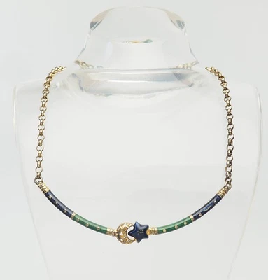 Unico Argento D'Epoca Blu Smalto Verde Stella Luna Collana Italia - Immagine 1 di 4