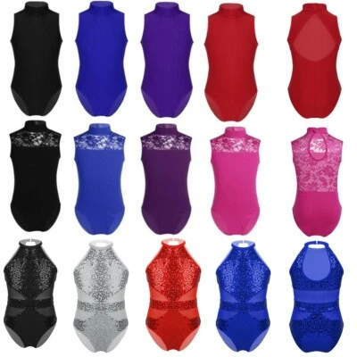 Kids Girls Ballet Dance Gymnastics Leotards Turtle Neck Cutout Back Sleeveless - Image 1 of 2