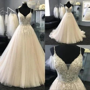 Sexy A-Line Wedding Dresses V-Neck Spaghetti Strap Lace Appliques Bridal Gowns - Picture 1 of 7