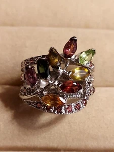 Tourmaline 6x3mm & Rhodolite Garnets, 14KWG Plate Sterling Silver 925, size 9 - Picture 1 of 15