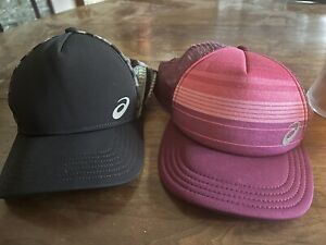 Two ASICS Snapback Hat Cap Adjustable Mesh Trucker Pink Maroon Black Running