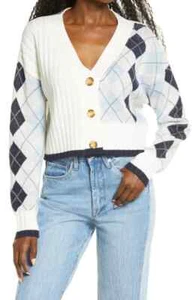 bp. Argyle gerippte kurze Baumwollmischung Strickjacke in Elfenbeinblau Argyle Größe X-Small - Bild 1 von 4