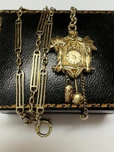 MENS RETRO ANTIQUE 14K GOLD FANCY LINK POCKET WATCH CHAIN, CUCKOO CLOCK FOB - Picture 1 of 13