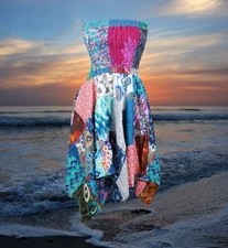 Womens Hippie Boho Strapless Dress, Colorful Hi low Skirt, Patchwork Hippie S/M