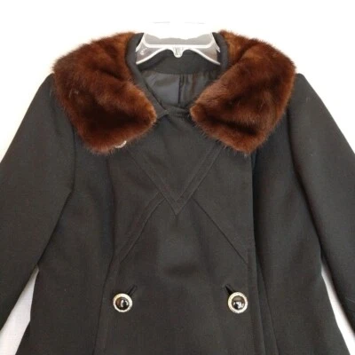 Abrigo Negro Lana Doble Pecho Cuello Visón Pequeño Borde de Piel Prendas Exteriores De Colección Hecho en Unión Foto 1 de 4
