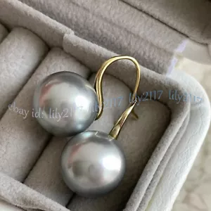 Perfect Round AAA Silver Gray Akoya Real Natural Pearl Dangle Gold Hook Earrings - Picture 1 of 11