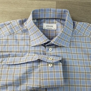 ETON Dress Shirt Men's 16.5 Contemporary Blue Brown Plaid Spread Collar Cotton - Picture 1 of 12