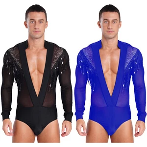 Men Leotard Mesh Shirt Performance Bodysuit Tango Rompers Competition One Piece - Picture 1 of 28