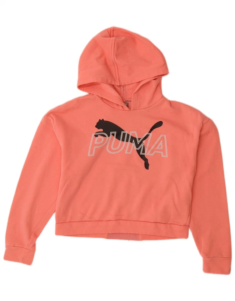 PUMA Womens Oversized Crop Graphic Hoodie Jumper UK 6 XS Pink Cotton AM01 - Image 1 of 4