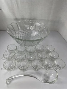 VTG Clear Glass Punch Bowl Set W/Scalloped Edges, 16 punch cups & Glass Ladle - Picture 1 of 19