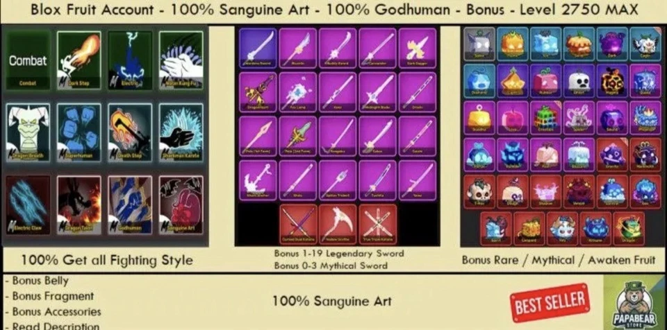 ROBLOX Blox Fruits | 100% Sanguine Art - Godhuman - Max Level