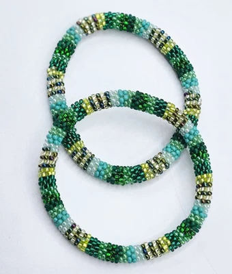 Set of 2 Handmade Nepal Glass Seed-Bead Crochet Boho Roll-On Bracelet Jewelry - Image 1 of 4