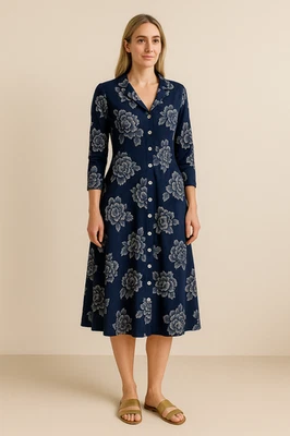 VTG Navy Blue Floral Boho Cottagecore Feminine Button-Front Lounge Dress Sz 10 - Image 1 of 4