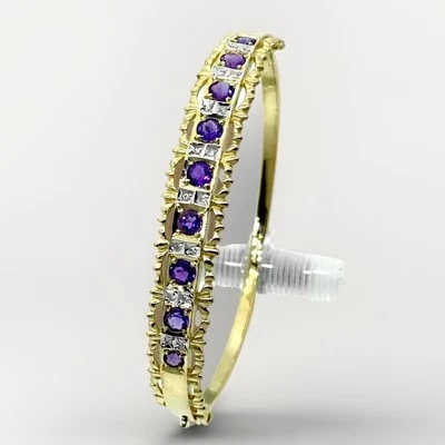 Brazalete de diamantes amatista antiguo de oro macizo de 9 quilates 12,11 gramos - 5,5 cm de diámetro interior Foto 1 de 4