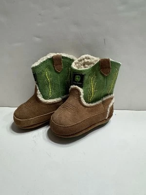 John Deere Infant Baby Leather Brown Green Western Boots Size 2 infant - Image 1 of 4