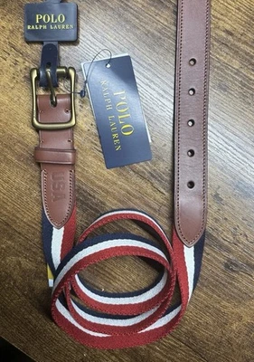 Nuevo con etiquetas Polo Ralph Lauren 2022 Equipo de EE. UU. Para hombres Pequeño Marrón Cuero Lona Cinturón Foto 1 de 4