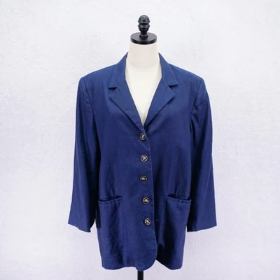 Rafaella -10- 100% Lino Azul Abotonado Traje Chaqueta Bolsillos Cuello Foto 1 de 4