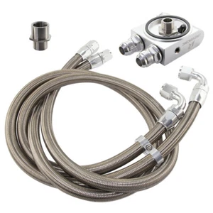 Thermostatic 73C Oil Filter Adatper 3/4-16UNF M20X1.5 w/ Steel Braided Oil Hoses - Picture 1 of 10