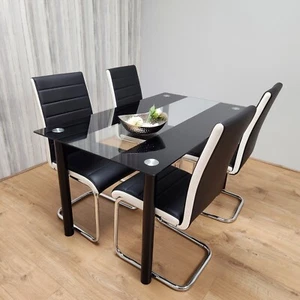 Dining Table Set of 4 Black Clear Table and 4 Faux Leather Padded Chrome Chairs - Picture 1 of 20