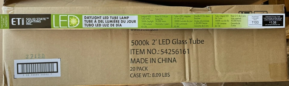 ETI 2’ LED T8 Tubes - 5000K Daylight - Medium Bi-Pin Base - Case of 20 - Image 1 of 1