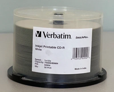 50 Verbatim CD-R 52x 700MB/80MIN White Inkjet Printable Spindle ~ New/Unused - Image 1 of 2