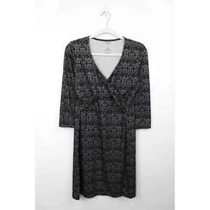 Prana Printed Twist Front Faux Wrap Dress S 3/4 Sleeve V-Neck Knee Length Grey - Picture 1 of 5