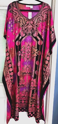 NEW NWT MUMU 2X 3X SANTE KAFTAN CAFTAN HOUSE DRESS PINK PURPLE BLACK & GOLD  #HJ - Image 1 of 4