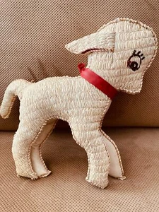 1950s Vinyl Stuffed Lamb Toy Ivory White with Bell, Vintage Mid Century Original - Picture 1 of 5
