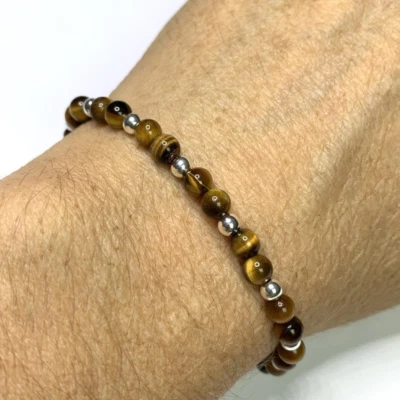 Bracciale occhio di tigre in acciaio inox pietre dure perle braccialetto da uomo - Immagine 1 di 2