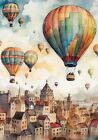 Hot Air Balloon over Rural Town Watercolour Print Poster Wall Art Picture