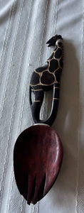 VTG Wooden Giraffe Wooden Salad Serving Set Fork and Spoon Hand Carved Teak Wood - Picture 1 of 2
