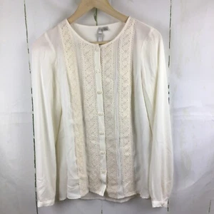 LC Lauren Conrad Women’s Ivory Crochet Panel Button Up Long Sleeve Blouse Sz. XS - Picture 1 of 12