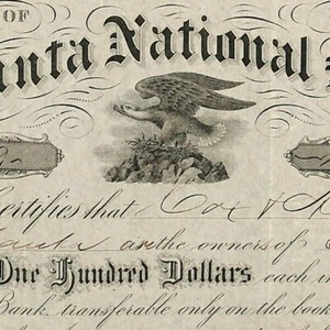 Scarce Stock Certificate 1874 "Atlanta National Bank" Eagle Vignette - VGC - Picture 1 of 3