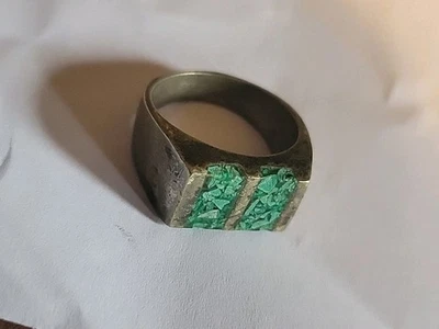 Anillo Vintage MÉXICO Plata Esterlina e Incrustación Turquesa Verde Triturado Talla 10 Foto 1 de 4