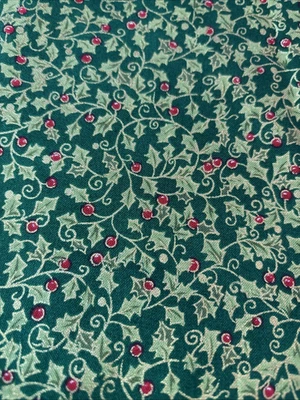 VINTAGE CHRISTMAS FABRIC BY FABRI-QUILT, INC. GREEN W/GOLD HOLLY LEAVES FAB 179 - Image 1 of 4