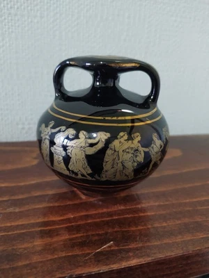 BLACK 24 K GOLD  Greek Ceramic 3 HANDLED URN - Image 1 of 4