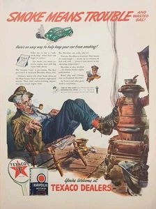 1942 Texaco Dealers Old Man Warming Feet Of Wood Burning Stove Illustration  - Picture 1 of 1