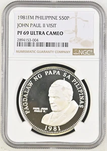 1981-FM Phillipines Pope John Paul II Visit Silver Proof NGC PF69 UCAM S50P Piso - Picture 1 of 4