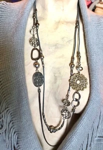 VTG Y2K Asymmetrical Boho Silver Filigree Beaded Cord Long 2 Strand Necklace - Picture 1 of 11