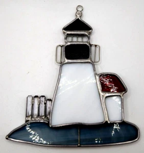Stain Glass Light House Sun Catcher Black Grey Red White - Picture 1 of 5