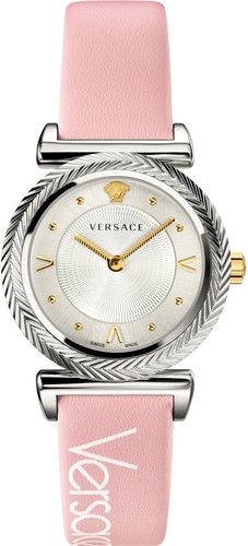 Versace VERE00118 Motivo a V Argento Rosa Rosa Pelle Bracciale Orologio Donna NUOVO